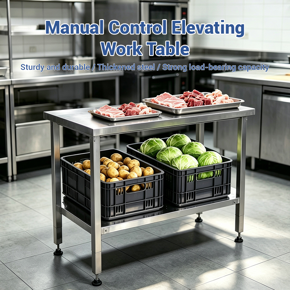 Commercial Stainless Steel Height Adjustable Workbench, Hand Crank Operated Kitchen Prep Table with Lower Storage Shelf