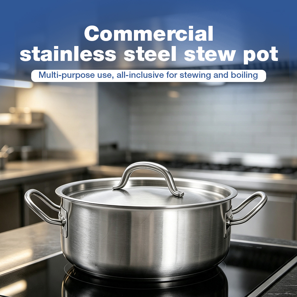Commercial Shallow Stainless Steel Stew Pot With Lid, Welded Double‑Handled Low‑Profile Stock Pot For Restaurant Kitchen
