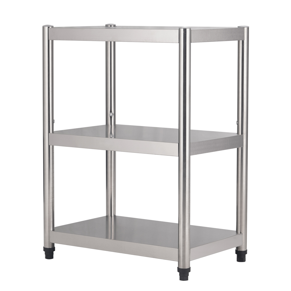 3‑Tier Stainless Steel Storage Rack, Commercial Kitchen Floor Shelving for Restaurant & Canteen.