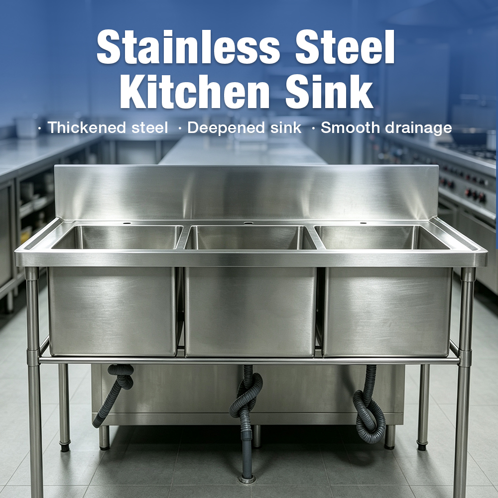 Commercial 3 Compartment Stainless Steel Sink, Free‑Standing Triple Bowl Kitchen Sink with Backsplash for Restaurant Cafe Kitchen