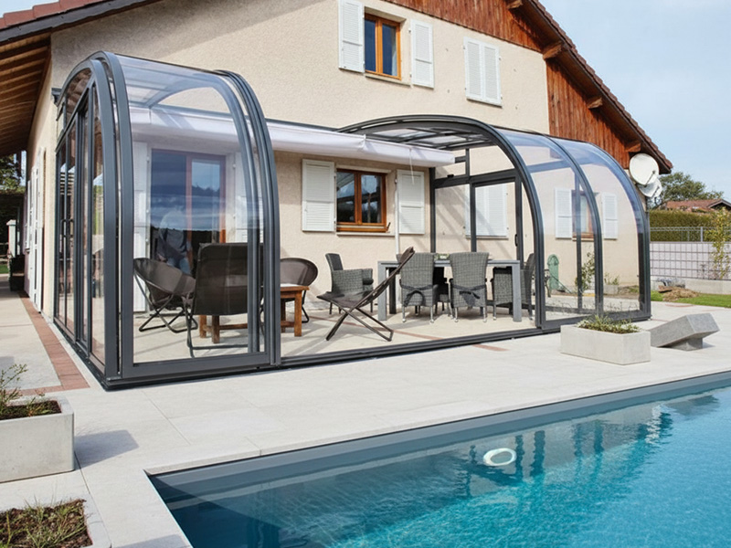 Retractable pool enclosure sliding tracks detail