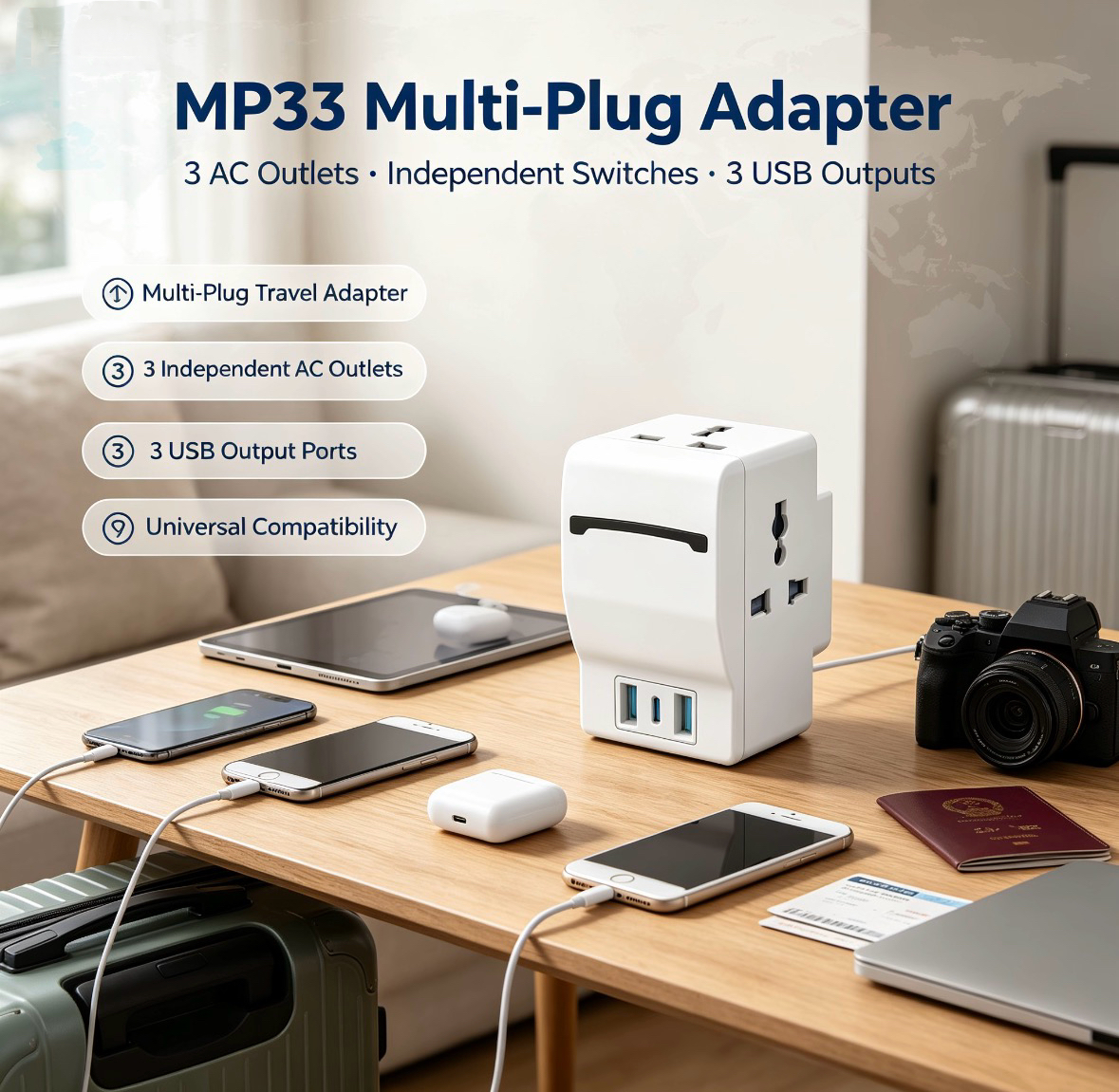 Adaptador de viaje multifunción 6 en 1 con 2 puertos USB-A y 1 puerto USB-C para viajes.