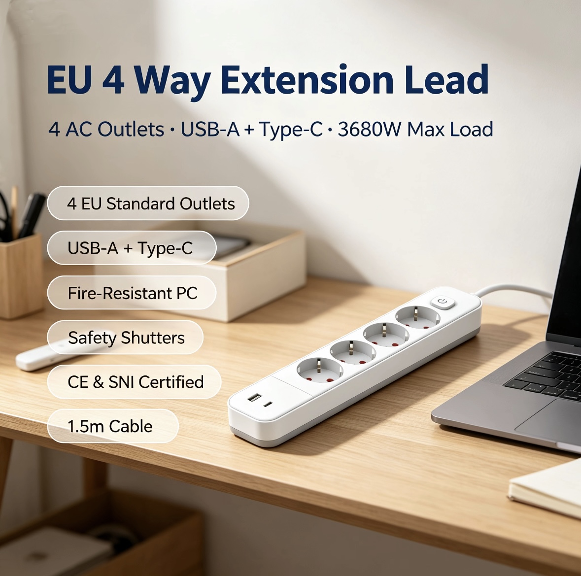 Europese standaard stekkerdoos met USB-C- en USB-A-poorten - 4 stopcontacten + 2 USB-oplaadpoorten voor thuis, kantoor en op reis