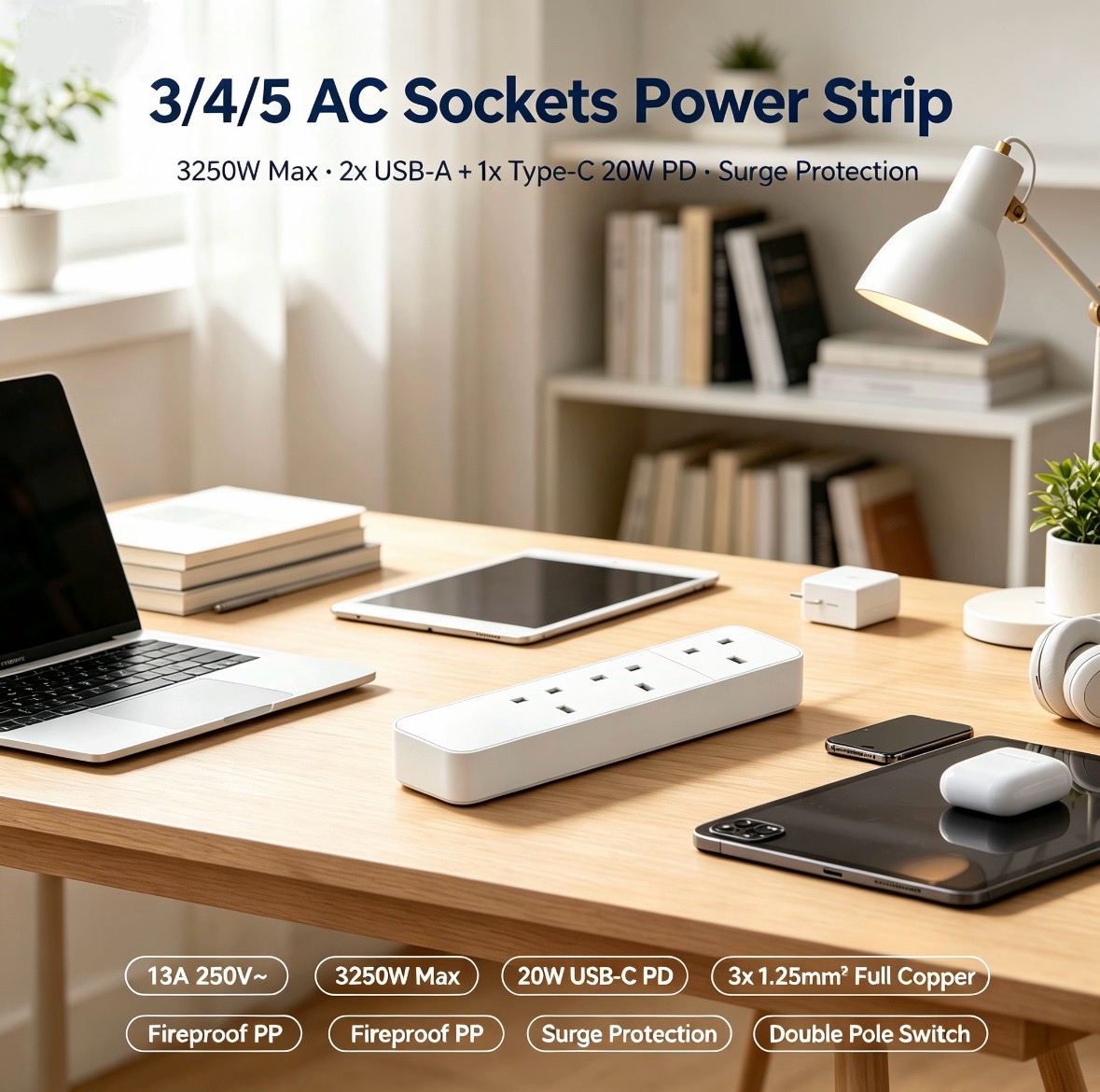Heikki Power Strip with USB Ports, Surge Protector Outlet Extender, Compact White Charging Hub for Home and Office