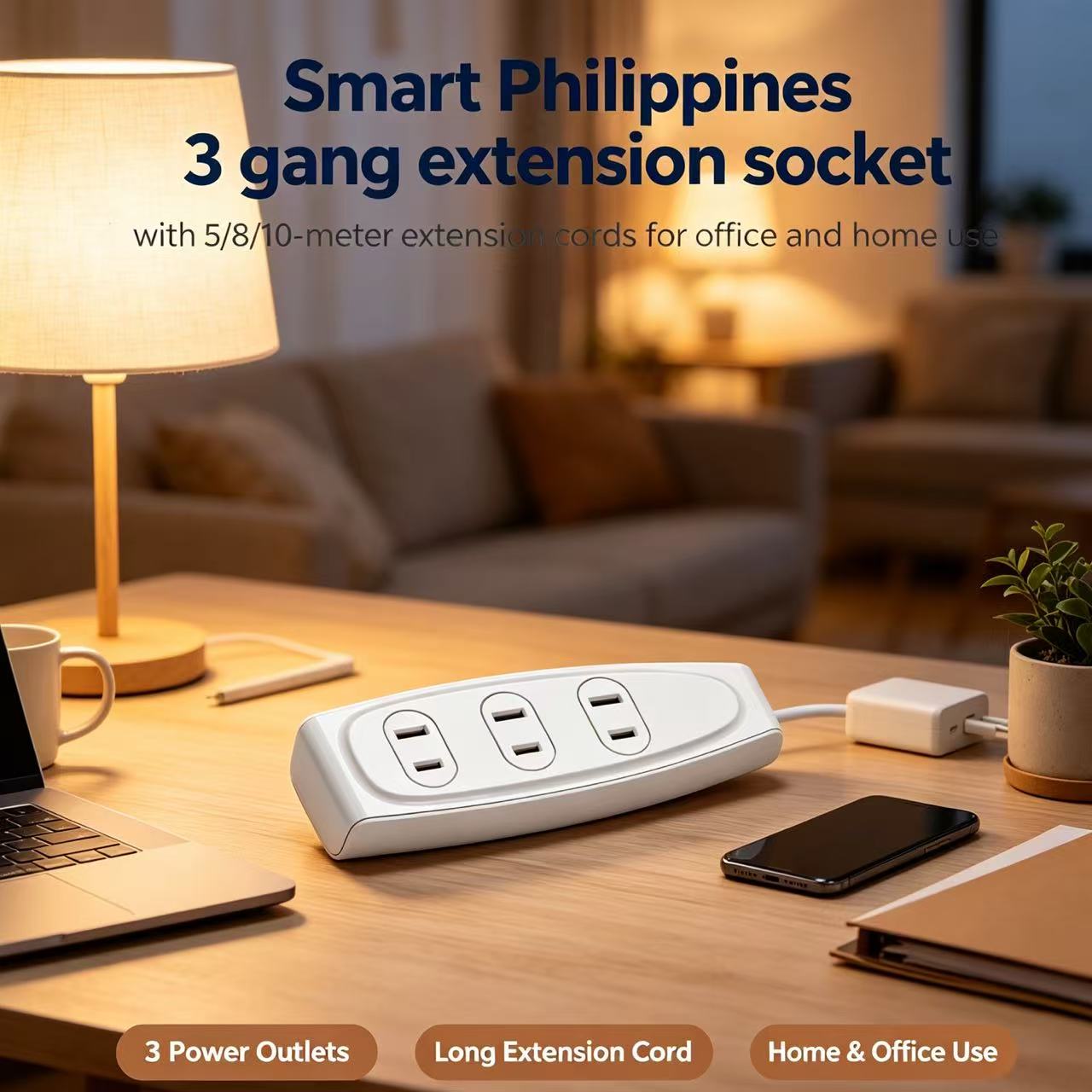 Multipresa Smart Philippines a 3 prese con cavi di prolunga da 5/8/10 metri per ufficio e casa.