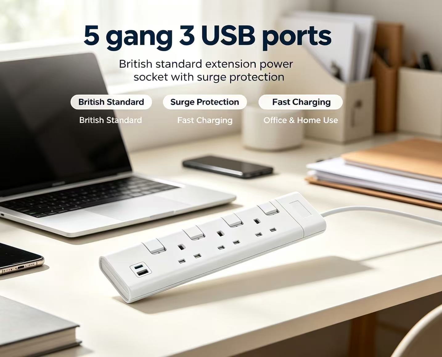 5 gang 3 USB ports British standard extension power socket with surge protection