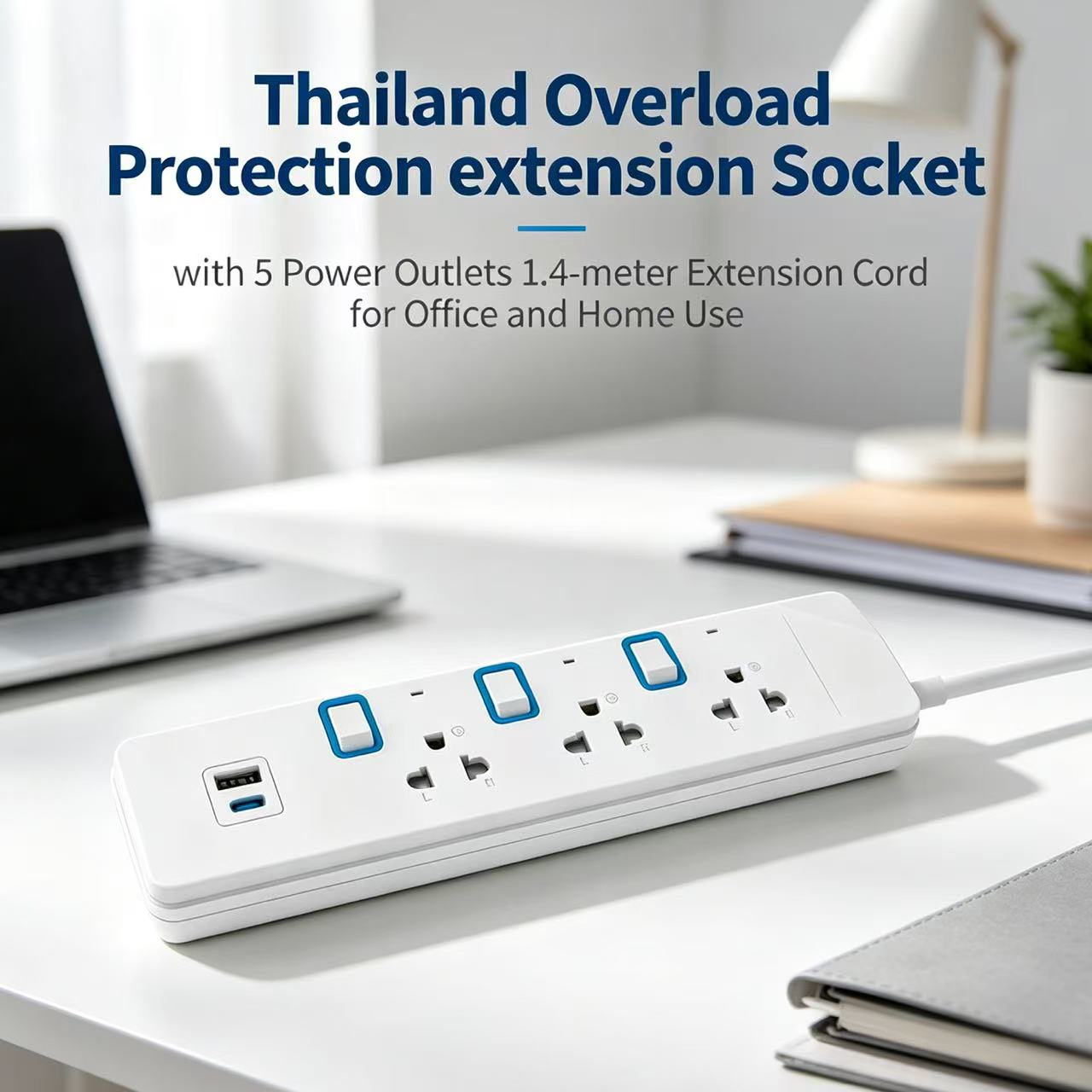 Verlengsnoer met overbelastingsbeveiliging voor Thailand, met 5 stopcontacten en een lengte van 1,4 meter, geschikt voor kantoor en thuisgebruik.