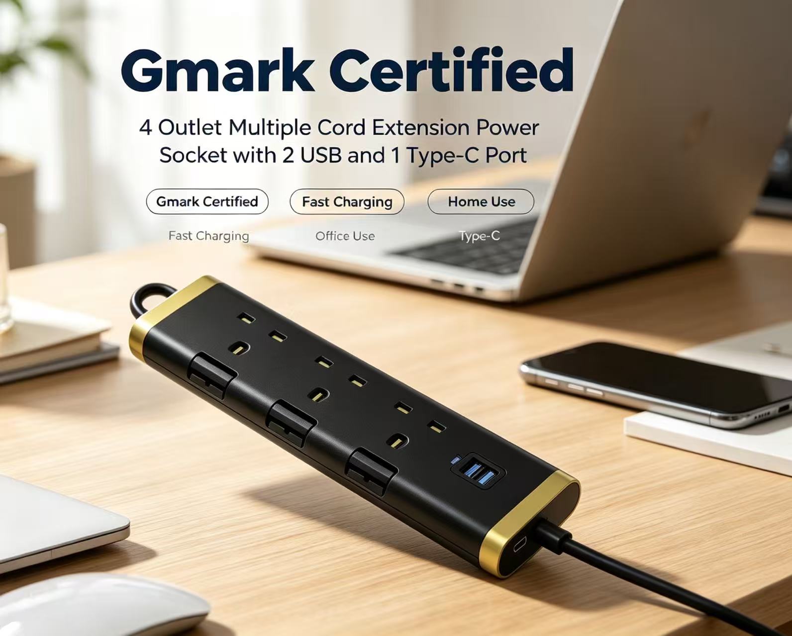 Gmark-gecertificeerd verlengsnoer met 4 stopcontacten, 2 USB-poorten en 1 Type-C-poort.