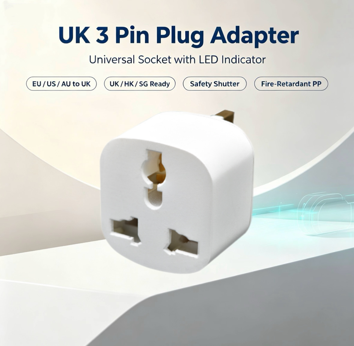 Adaptor Steker 3 Pin Inggris dengan Soket Universal & Indikator LED