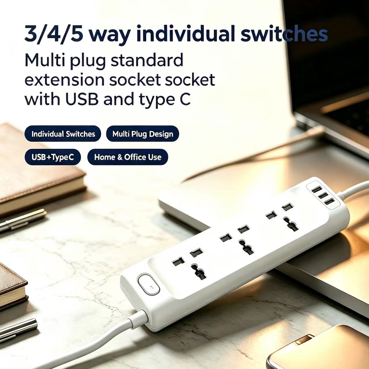 3/4/5-weg schakelaars, individuele schakelaars, standaard stekkerdoos met USB- en Type-C-aansluiting.