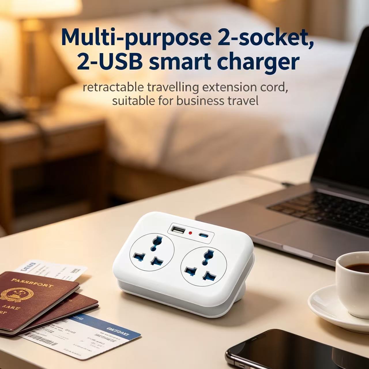 Multifunctionele slimme oplader met 2 stopcontacten en 2 USB-poorten, inclusief intrekbaar verlengsnoer, ideaal voor zakenreizen.