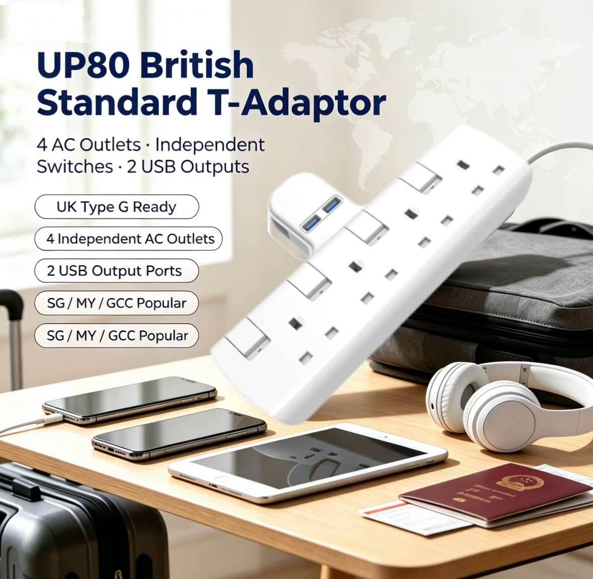 Penyesuai T Bertauliah Tanda Keselamatan 2/3/4-Cara dengan USB A+ USB C