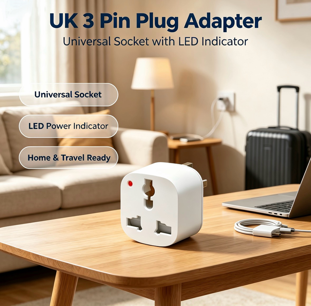 Penyesuai Palam 3 Pin UK dengan Soket Universal & Penunjuk LED