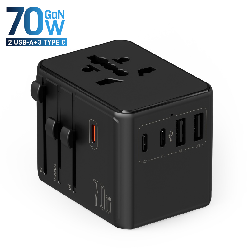 70W GaN 通用旅行适配器 - 5 端口快速充电全球通用插头转换器（3 个 USB-C 端口 + 2 个 USB-A 端口）