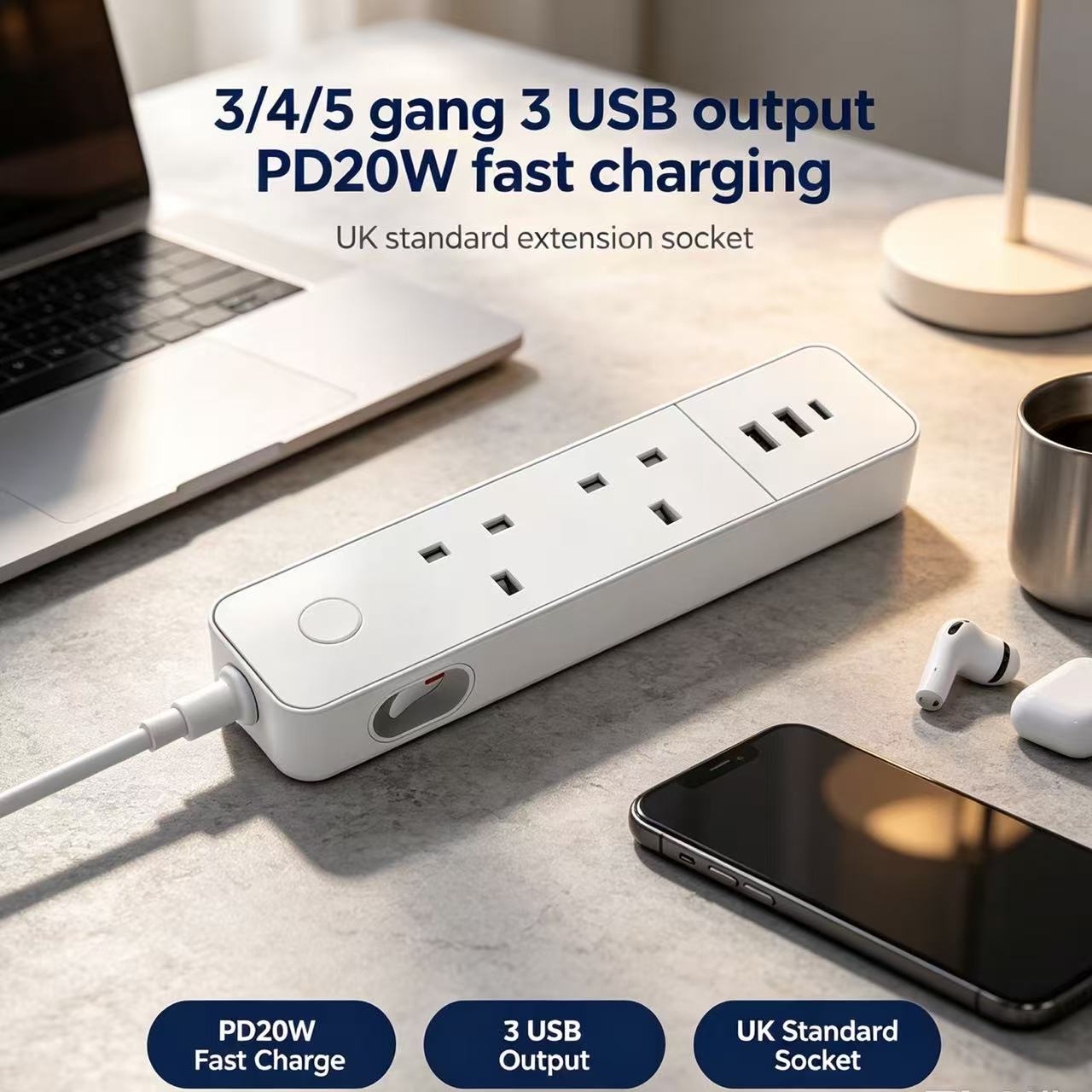 3/4/5 gang 3 USB output PD20W fast charging UK standard extension socket