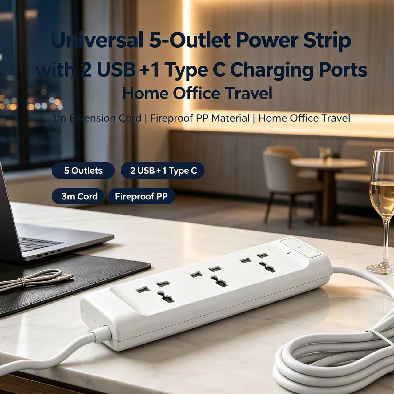 Universele stekkerdoos met 5 stopcontacten, 2 USB-poorten en 1 Type-by-Loop-poort...