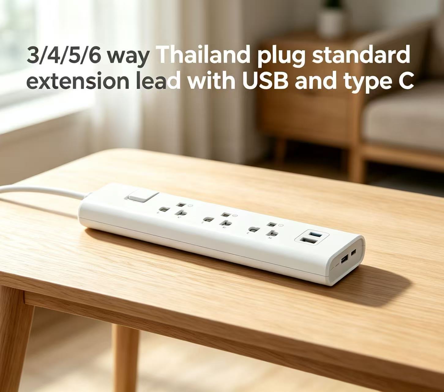 3/4/5/6-polige verlengkabel met Thaise stekker, USB- en Type-C-aansluiting.