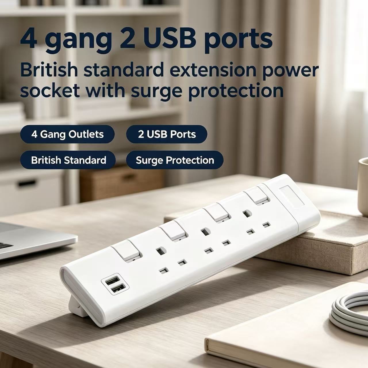 4-voudig verlengsnoer met 2 USB-poorten, Britse standaard...