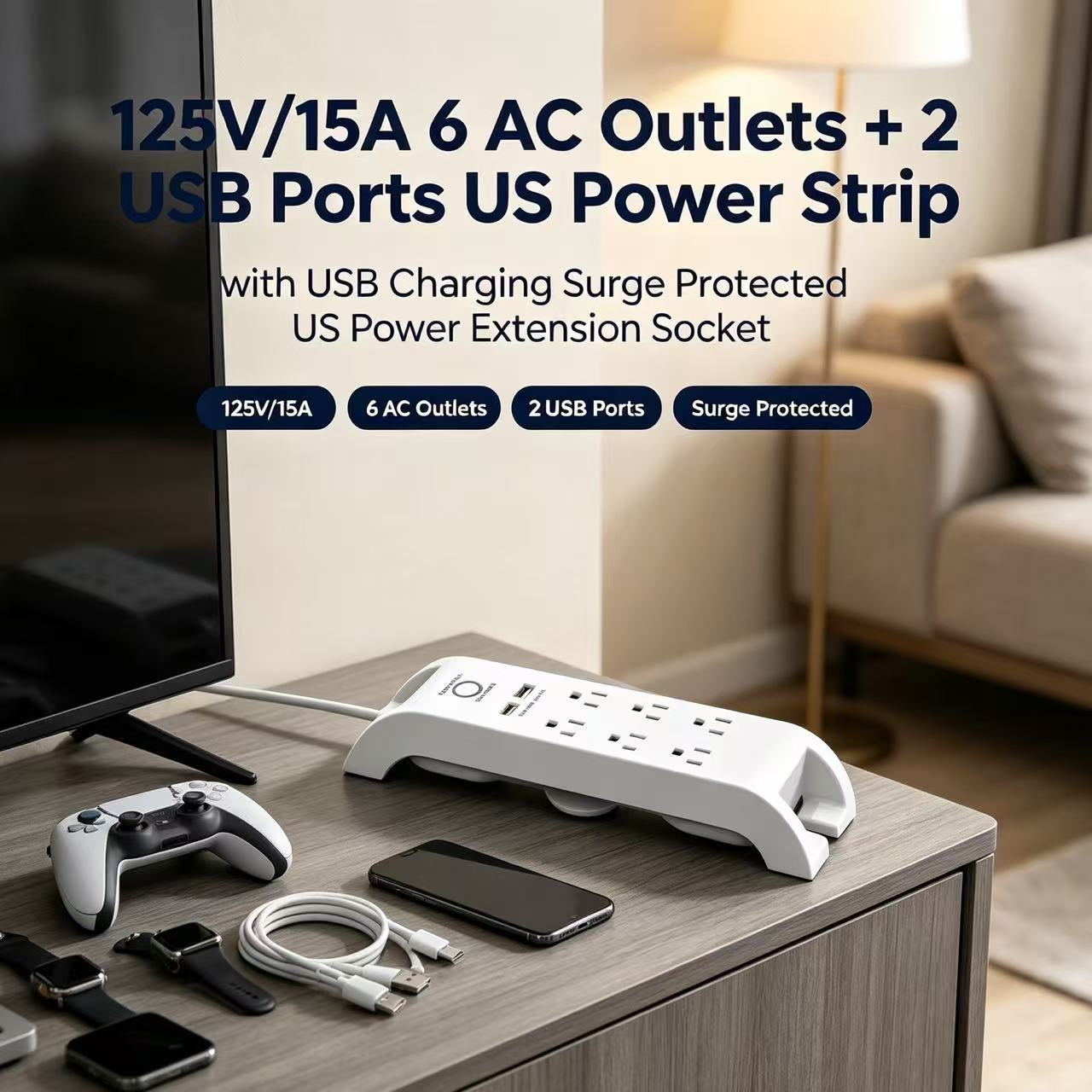 Multipresa americana da 125 V/15 A con 6 prese CA + 2 porte USB per la ricarica USB e protezione da sovratensione.