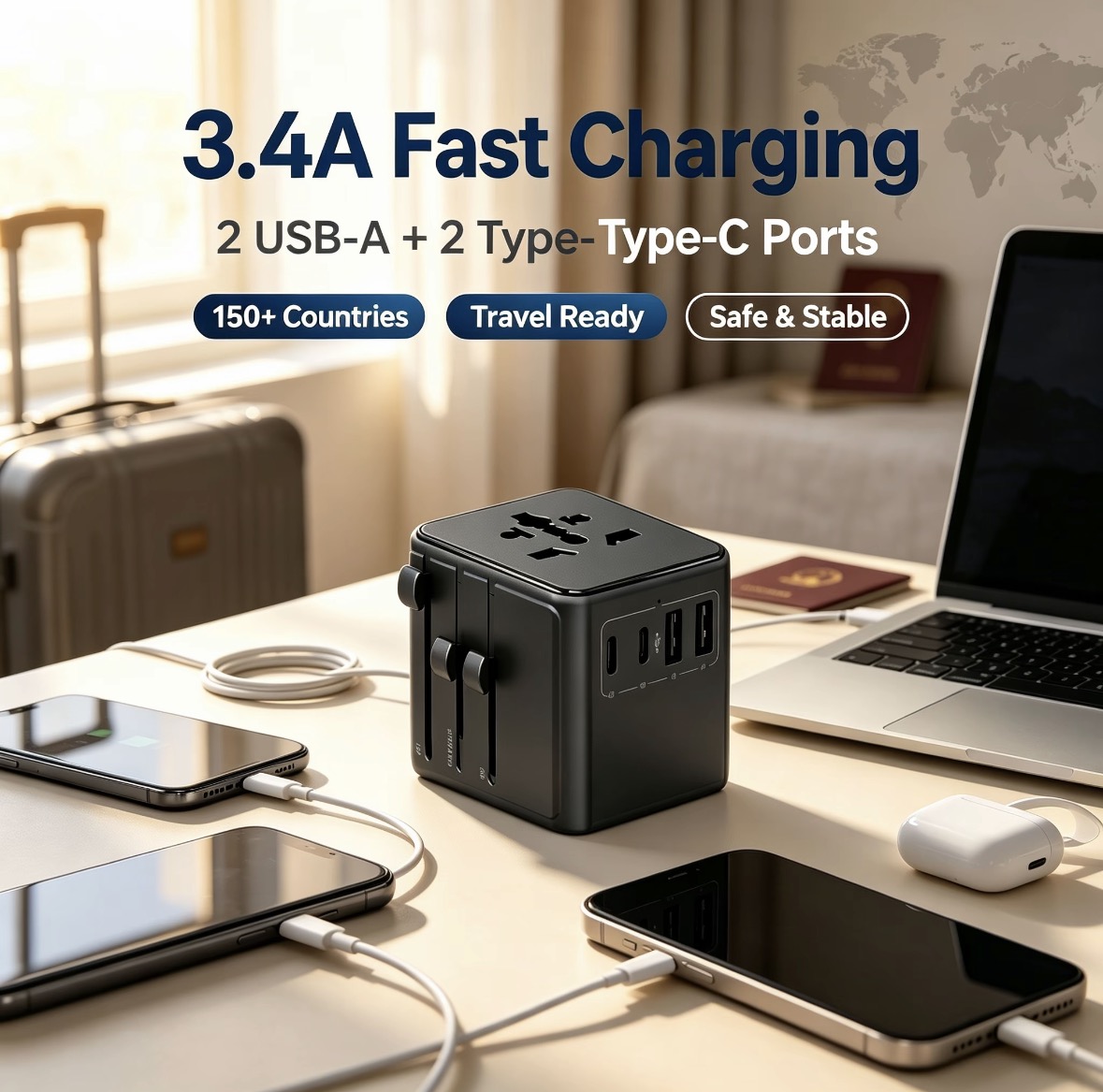Adaptor Perjalanan Universal dengan 4 Port USB (2 USB-A + 2 Type-C) - Adaptor Colokan Universal Pengisian Cepat 3.4A