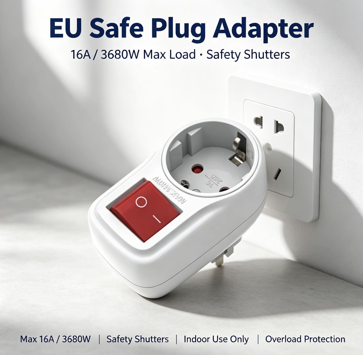 EU 2-pins wandcontactdoosadapter met veiligheidsklepjes, compacte 16A-stroomverlenger, geschikt voor gebruik binnenshuis en op kantoor.