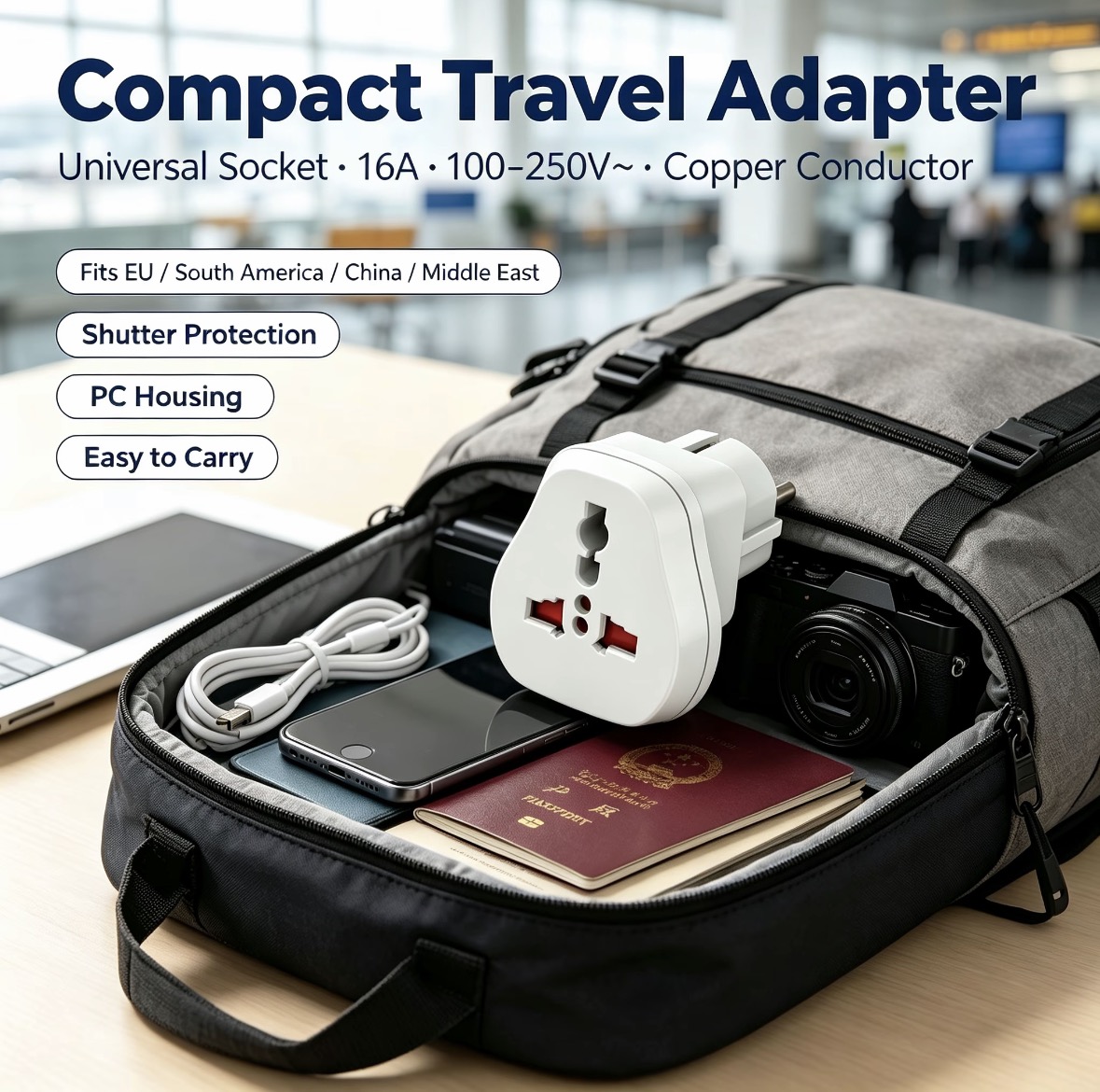 Adaptor Perjalanan Pin Bulat Ganda, Konverter Adaptor Daya Eropa (UE) untuk Perjalanan dan Rumah