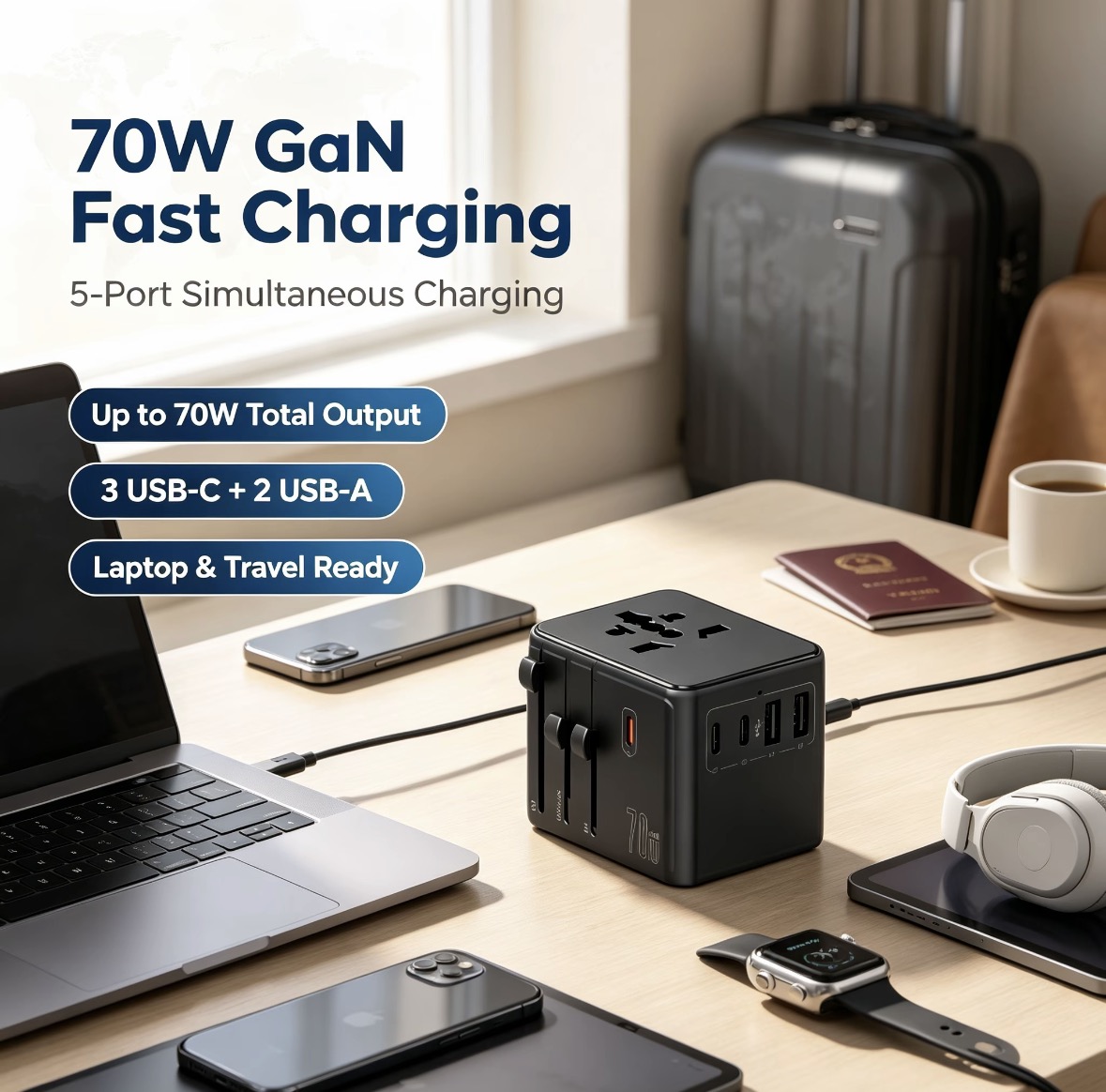 Adaptor Perjalanan Universal GaN 70W - Konverter Colokan Seluruh Dunia Pengisian Cepat 5 Port (3 USB-C + 2 USB-A)