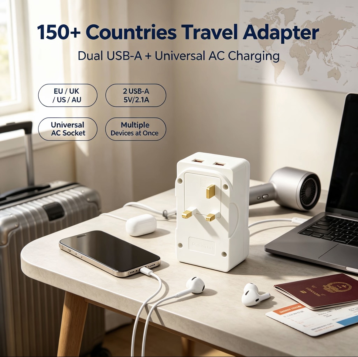 Adaptor Perjalanan Universal dengan Dua Port USB, Colokan Listrik untuk Seluruh Dunia