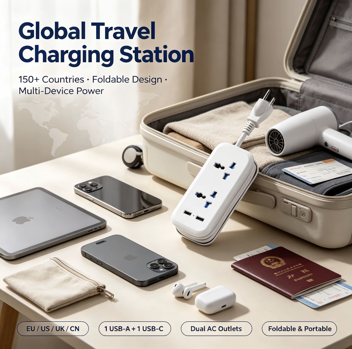 Adaptor Colokan Perjalanan Universal dengan Pengisian Cepat USB C, Dapat Dilipat untuk Penggunaan di Seluruh Dunia