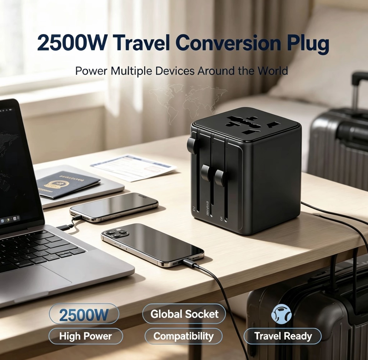 Adaptor Perjalanan Universal 2500W - Konverter Colokan Daya Tinggi untuk Seluruh Dunia untuk Pengering Rambut, Laptop & Lainnya