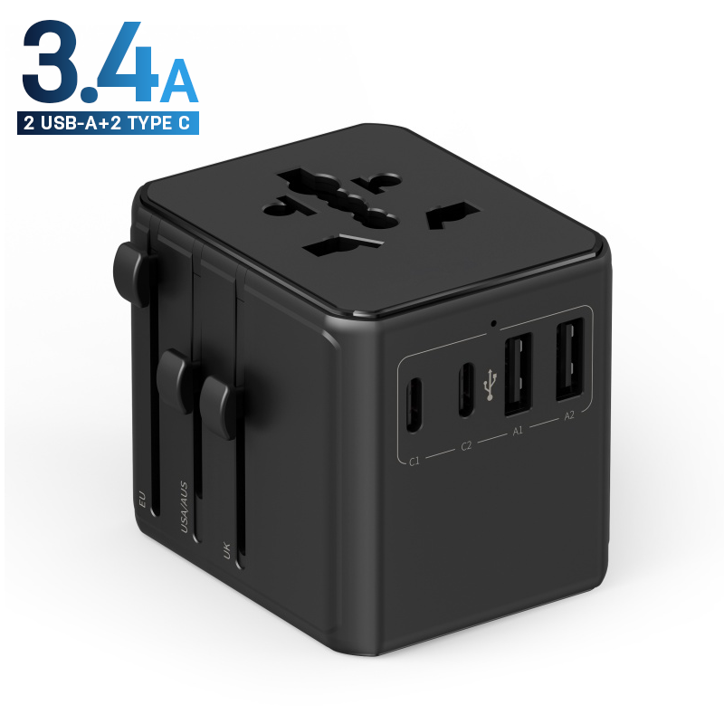 带 4 个 USB 端口（2 个 USB-A + 2 个 Type-C）的通用旅行适配器 - 3.4A 快速充电全球通用插头适配器
