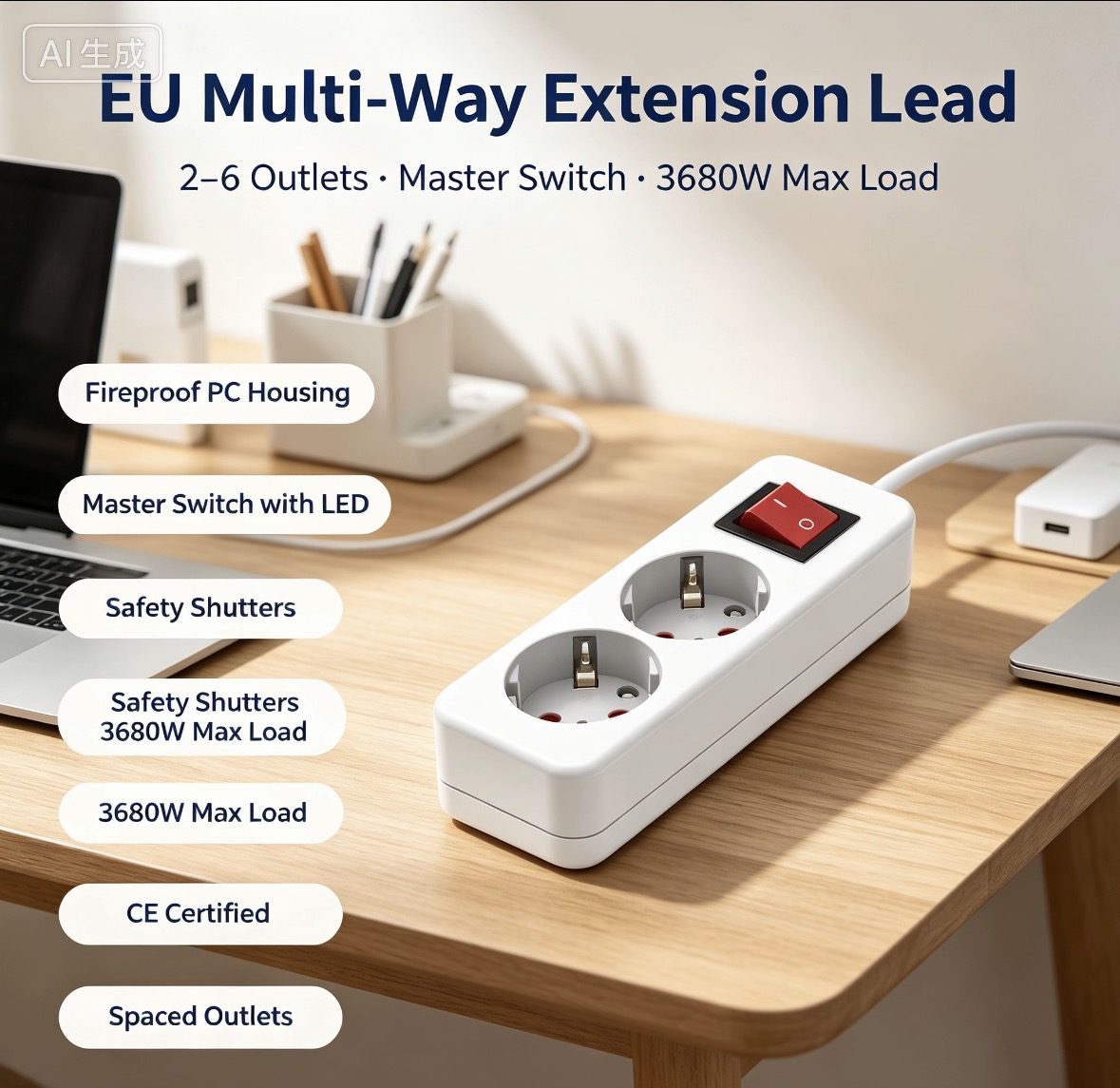 EU Standard Power Strip, 4 way Extension Cord