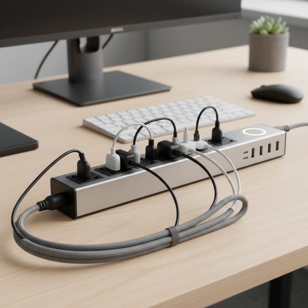 Surge Protector Power Strip For Office Desks And Workstations