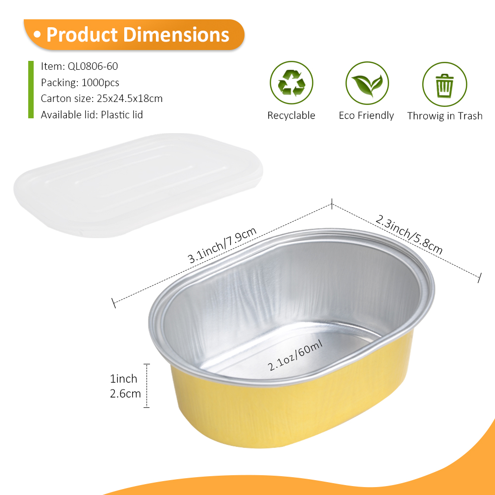 BRC Certified 2oz/60ml 3.1"x2.3" Gold Oval Foil Container for Sauce Portion & Condiment Serving