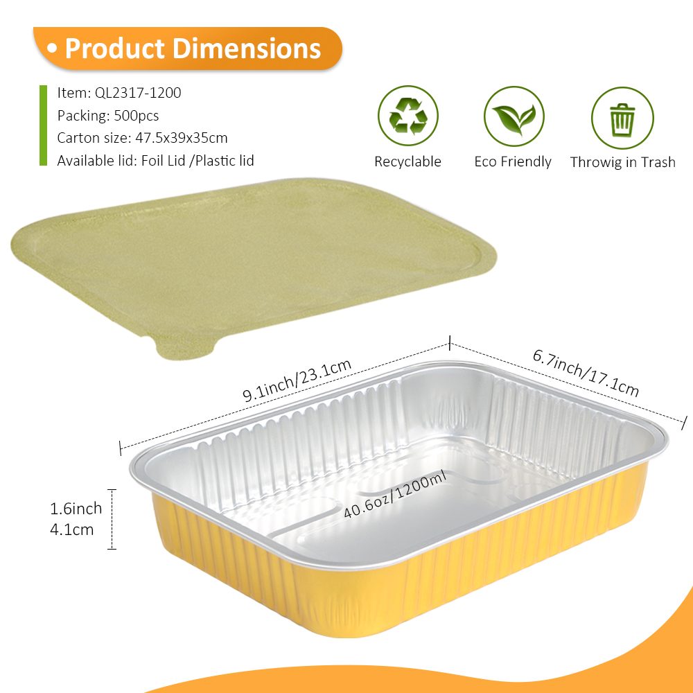 BRC Certified 40.6oz/1200ml 9.09"x6.73" Gold Heat Seal Foil Container for Family Lasagna & Catering Rice