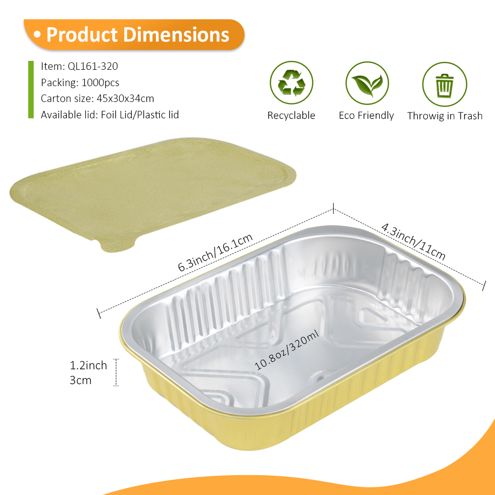 Bulk Pack 10.8oz/320ml 6.34"x4.33" Gold Foil Container with Foil/Plastic Lid for Meal Prep Rice & Chilled Soup