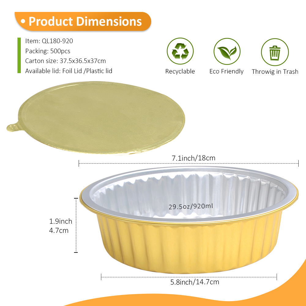 Commercial Grade 31oz/920ml 7" Round Gold Foil Container with Foil/Plastic Lid for Baked Pasta & Party Dip