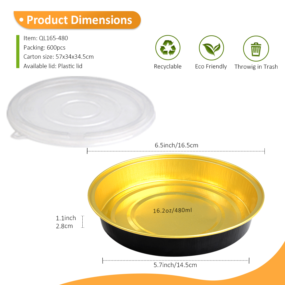 Custom Duplex Color 16.2oz/480ml 6.5"x4.33" Black Gold Aluminum Foil Container with Plastic Lid for Steak Takeout & Premium Rice Bowl