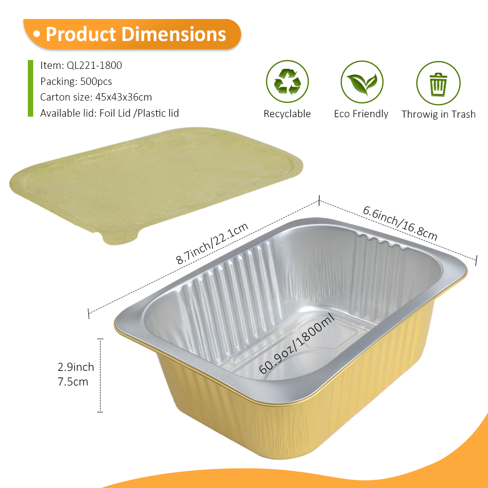 Family Style 61oz/1800ml 8.7"x6.6" Gold Foil Container for Party Ribs & Large Frozen Soup Batch