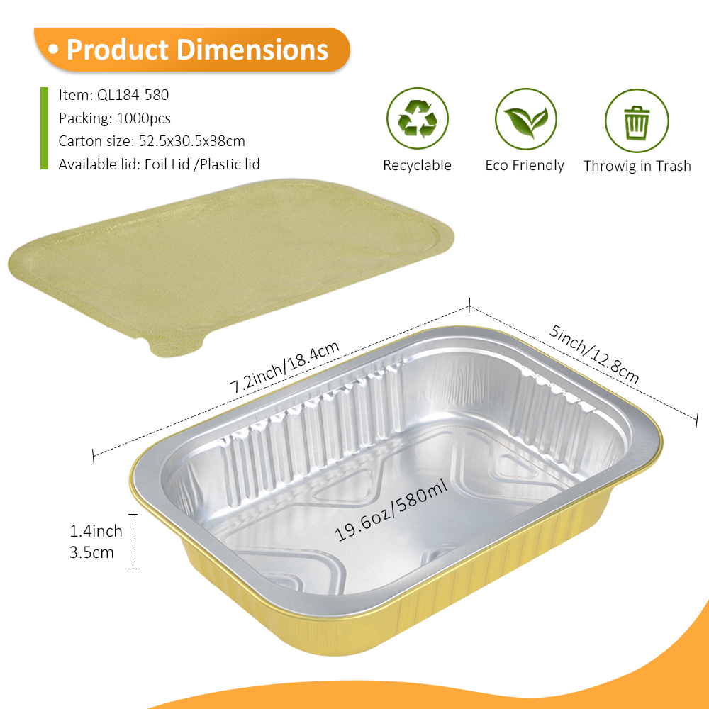 Heat Seal Ready 19.6oz/580ml 7.24"x5.04" Gold Foil Container for Stir Fry Noodles & Frozen Curry