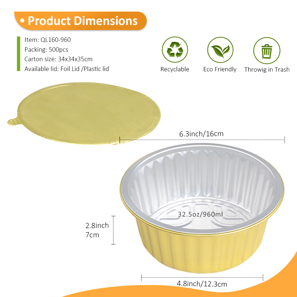 Heavy Duty 32.5oz/960ml 6.3" Round Gold Foil Container for Family Casserole & Bulk Soup Storage