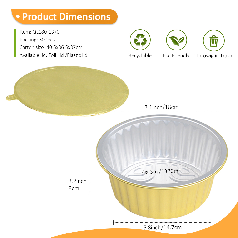 Restaurant Bulk 46.3oz/1370ml 7" Round Gold Foil Container for Party Chili & Frozen Dumpling Soup