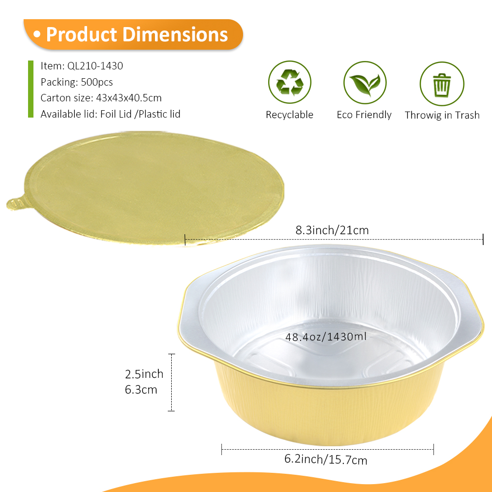 Square Round 48.3oz/1430ml 8.27" Round Gold Foil Container for Deep Dish Pizza & Large Party Dip