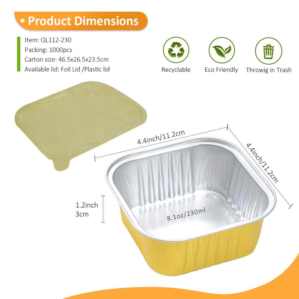 Tamper Evident 7.8oz/230ml 4.4" Square Gold Foil Container with Foil or Plastic Lid for Takeout Curry & Chilled Pudding