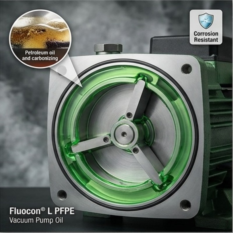 Fluocon L chemically inert PFPE oil protects rotary vane vacuum pump against corrosive gases