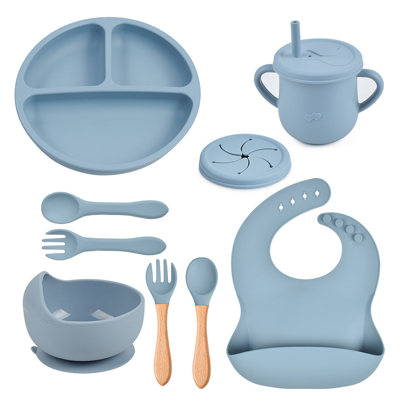 Premium Silicone Baby Feeding Set – Suction Bowl, Divided Plate, Bib & Straw Cup (9PCS)