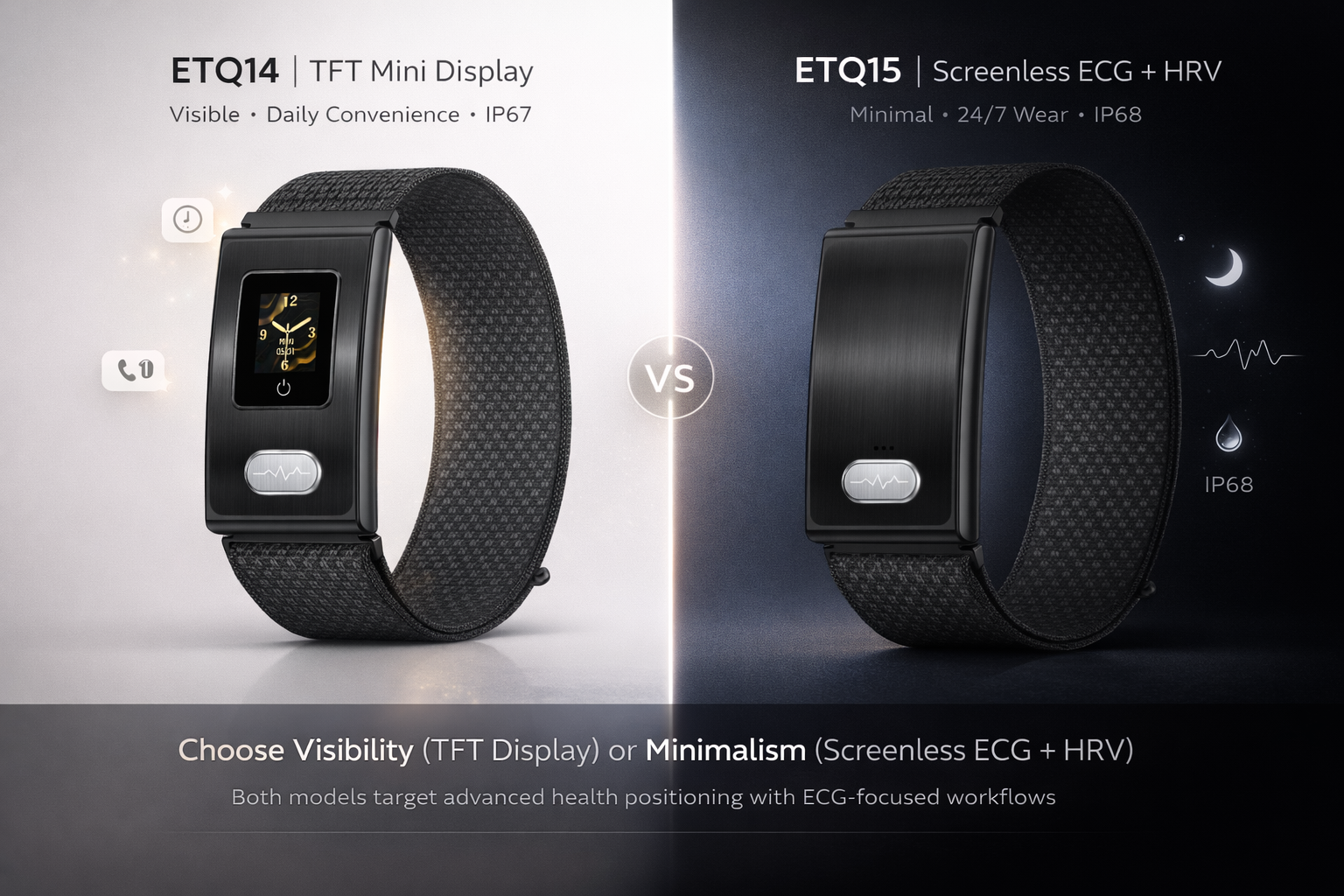 ETQ14 vs ETQ15: TFT Mini Display ECG Band or Screenless ECG Flagship? (OEM Buyer Guide)