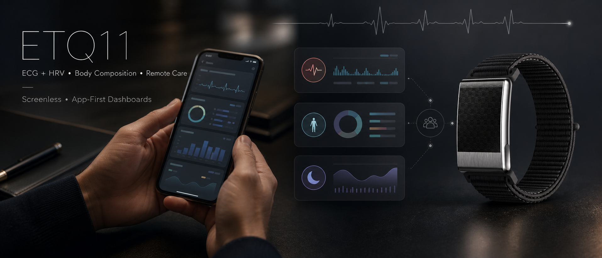ETQ11 for Premium Health Programs : Screenless ECG + Body Composition Band with Remote Care (OEM/ODM)