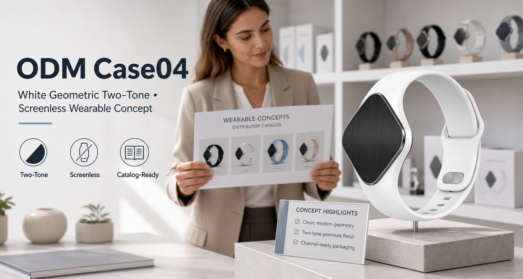 ODM Case04: White Geometric Two‑Tone Concept for Differentiated Screenless Wearable Programs
