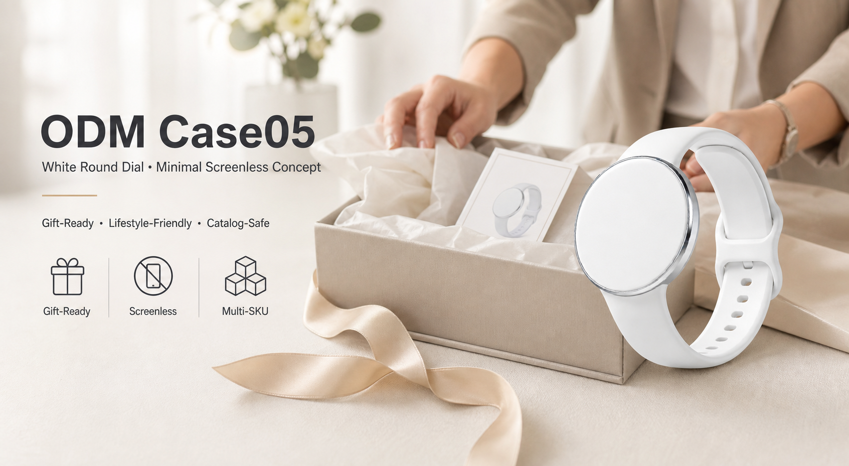 ODM Case05: White Round Dial Minimal Concept for Gift-Ready Screenless Wearable Programs